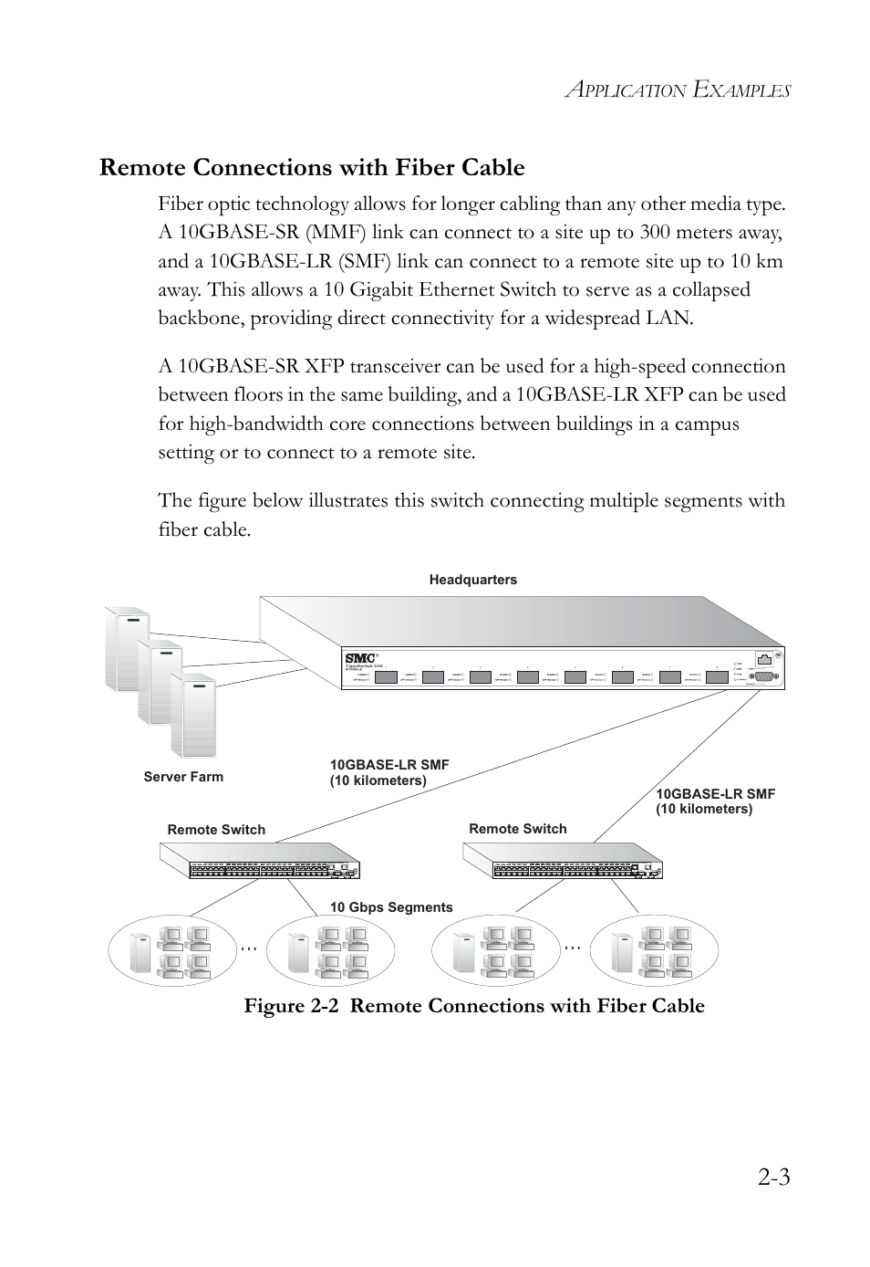 Remote connections with fiber cable, Remote connections with fiber cable -3, Figure 2-2 | 3 remote connections with fiber cable, Pplication, Xamples | SMC Networks 10G User Manual | Page 33 / 80