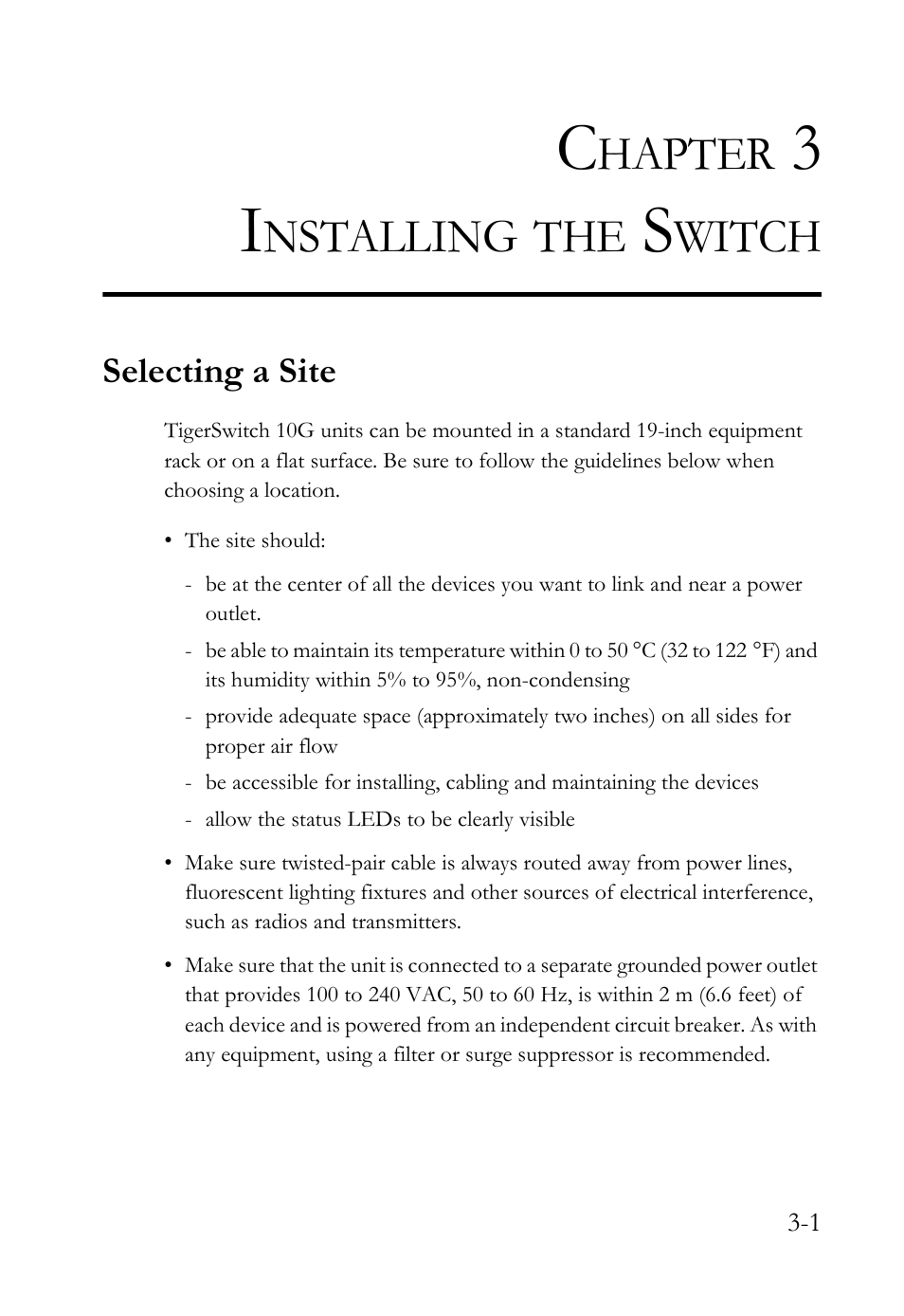 Chapter 3 installing the switch, Selecting a site, Installing the switch -1 | Selecting a site -1, Hapter, Nstalling, Witch | SMC Networks 10G User Manual | Page 37 / 80