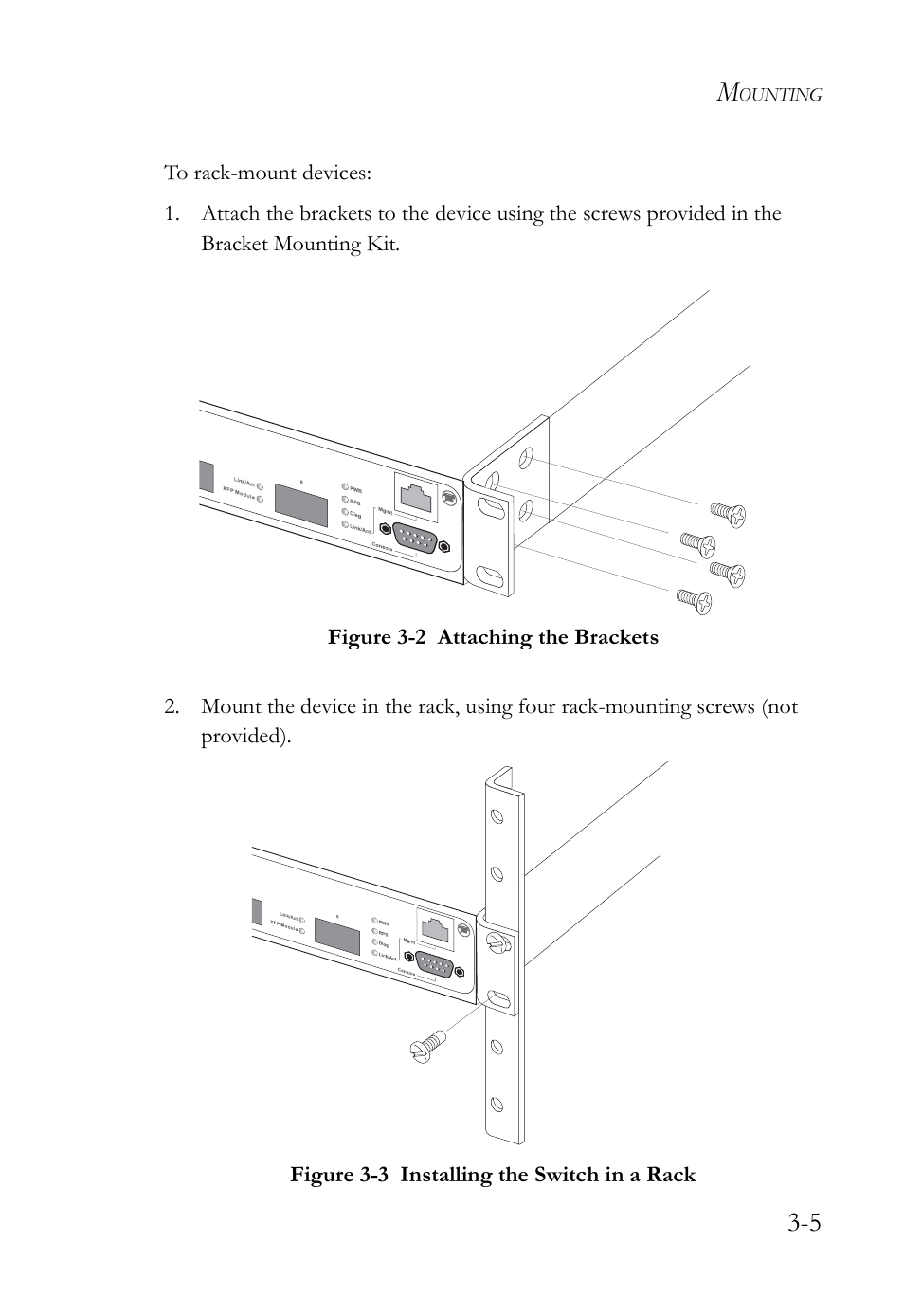 Figure 3-2, Attaching the brackets -5, Figure 3-3 | Installing the switch in a rack -5 | SMC Networks 10G User Manual | Page 41 / 80