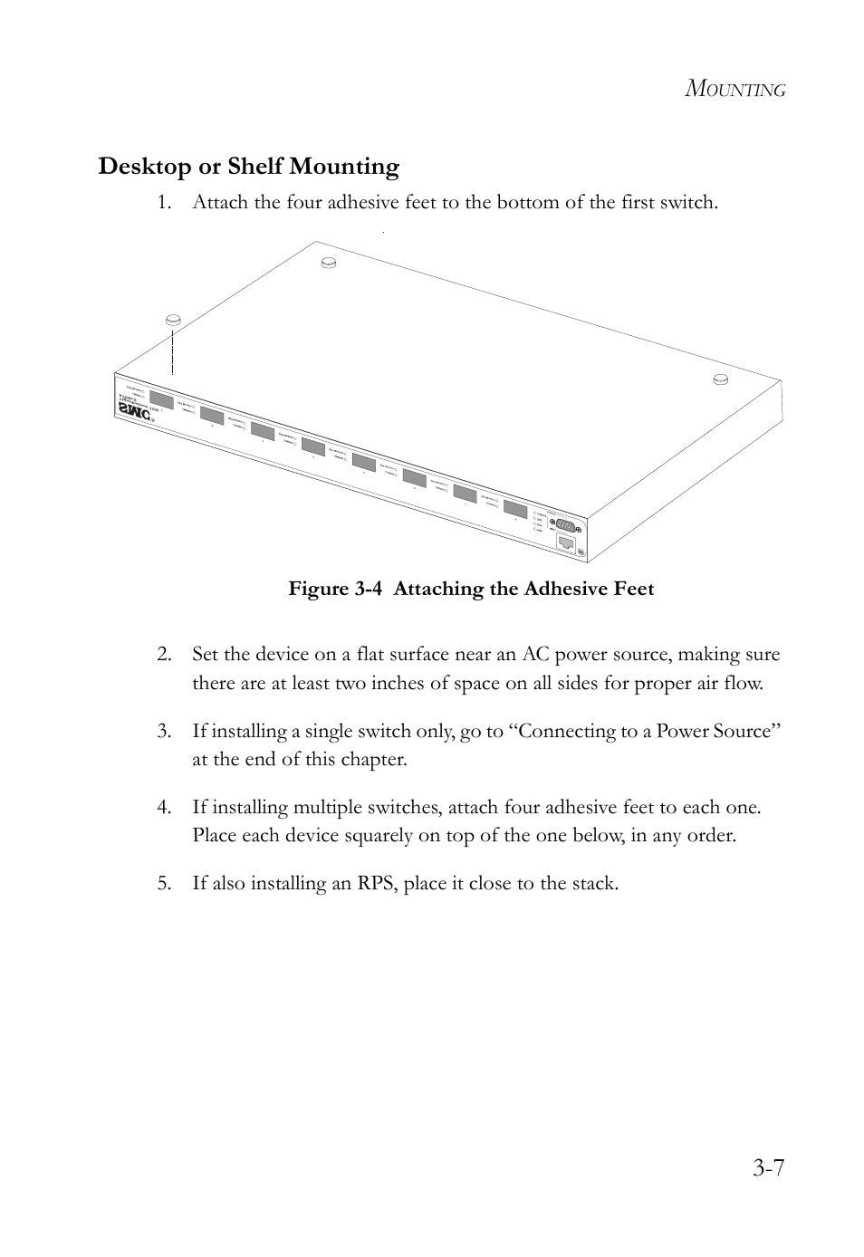 Desktop or shelf mounting, Desktop or shelf mounting -7, Figure 3-4 | Attaching the adhesive feet -7, 7 desktop or shelf mounting | SMC Networks 10G User Manual | Page 43 / 80