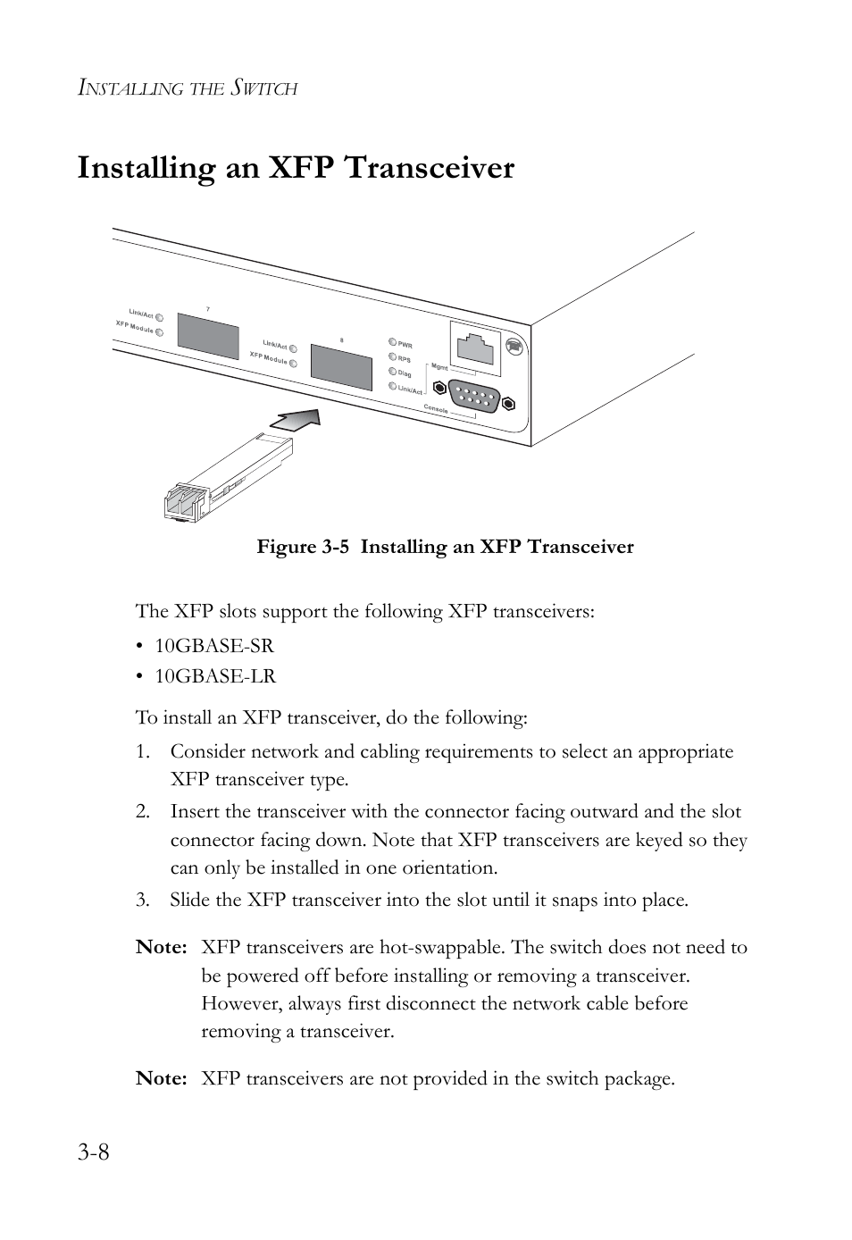 Installing an xfp transceiver, Installing an xfp transceiver -8, Figure 3-5 | SMC Networks 10G User Manual | Page 44 / 80