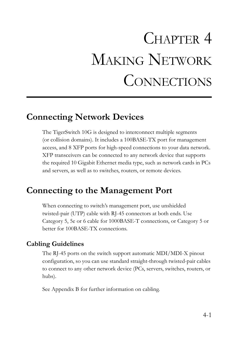 Chapter 4 making network connections, Connecting network devices, Connecting to the management port | Cabling guidelines, Making network connections -1, Cabling guidelines -1, Hapter, Aking, Etwork, Onnections | SMC Networks 10G User Manual | Page 47 / 80