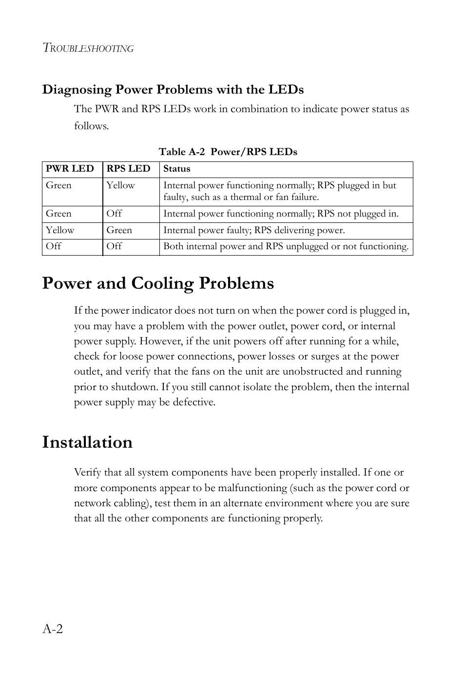 Diagnosing power problems with the leds, Power and cooling problems, Installation | A-2 diagnosing power problems with the leds | SMC Networks 10G User Manual | Page 56 / 80