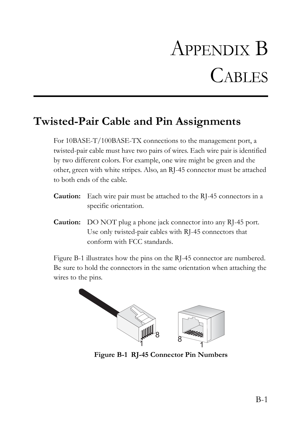 Appendix b cables, Twisted-pair cable and pin assignments, Figure b-1 | Ppendix, Ables | SMC Networks 10G User Manual | Page 59 / 80