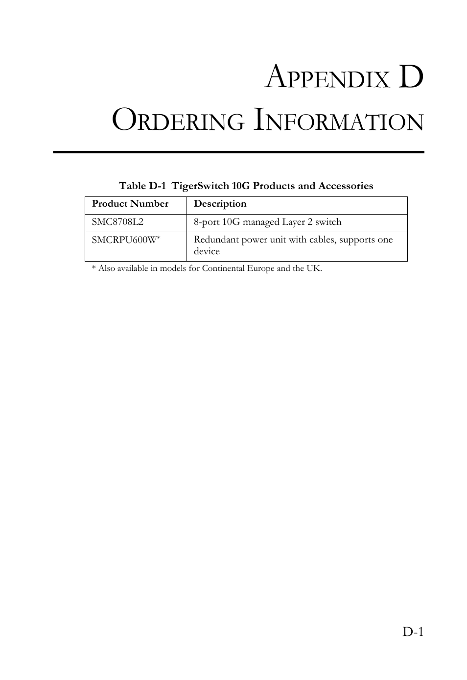 Appendix d ordering information, Ppendix, Rdering | Nformation | SMC Networks 10G User Manual | Page 67 / 80