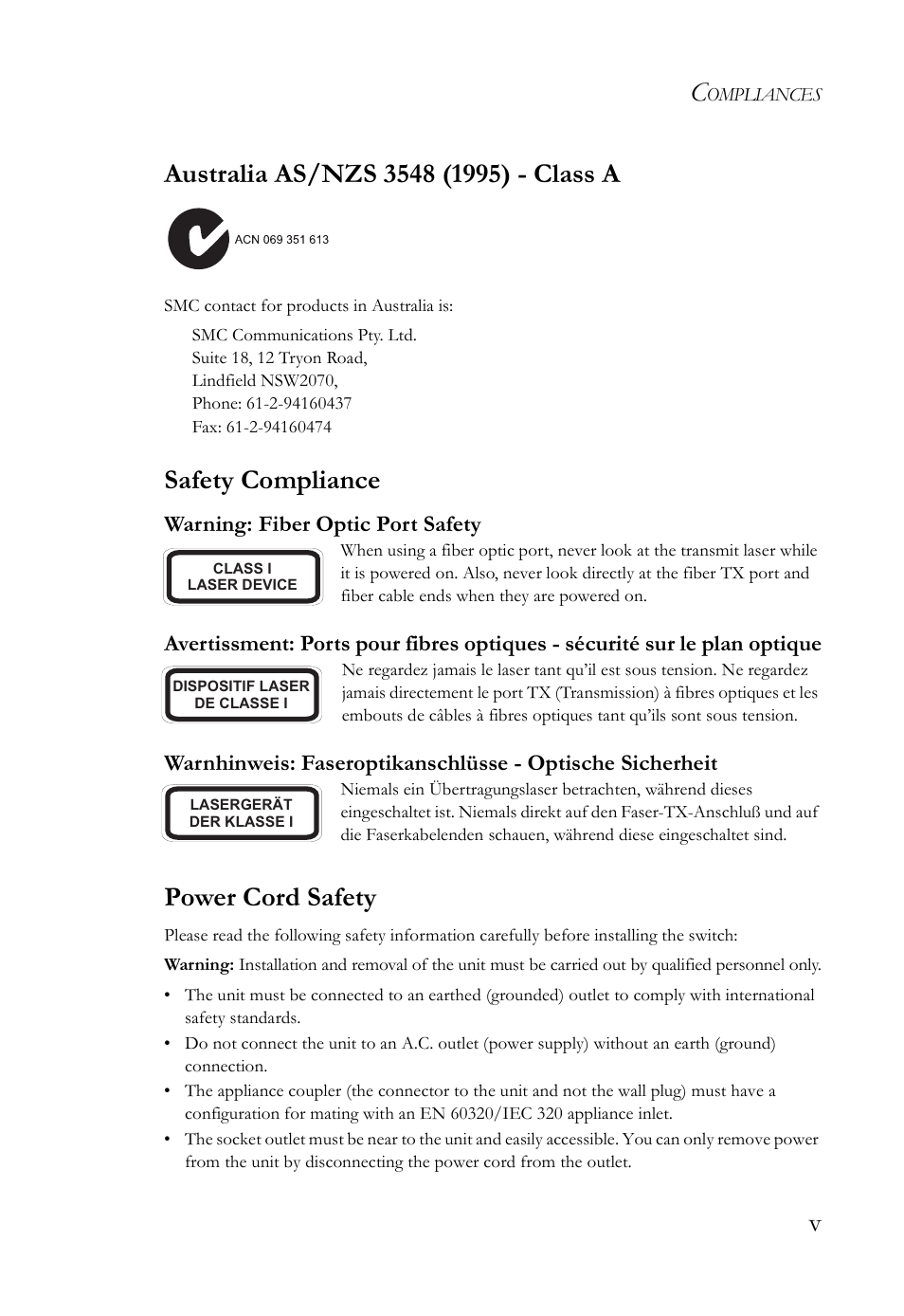 Safety compliance, Power cord safety | SMC Networks 10G User Manual | Page 9 / 80