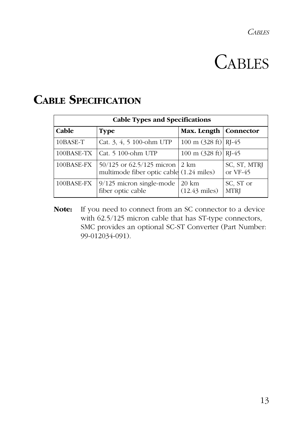 Cables, Cable specification, Ables | Able, Pecification | SMC Networks 24/16 User Manual | Page 24 / 31