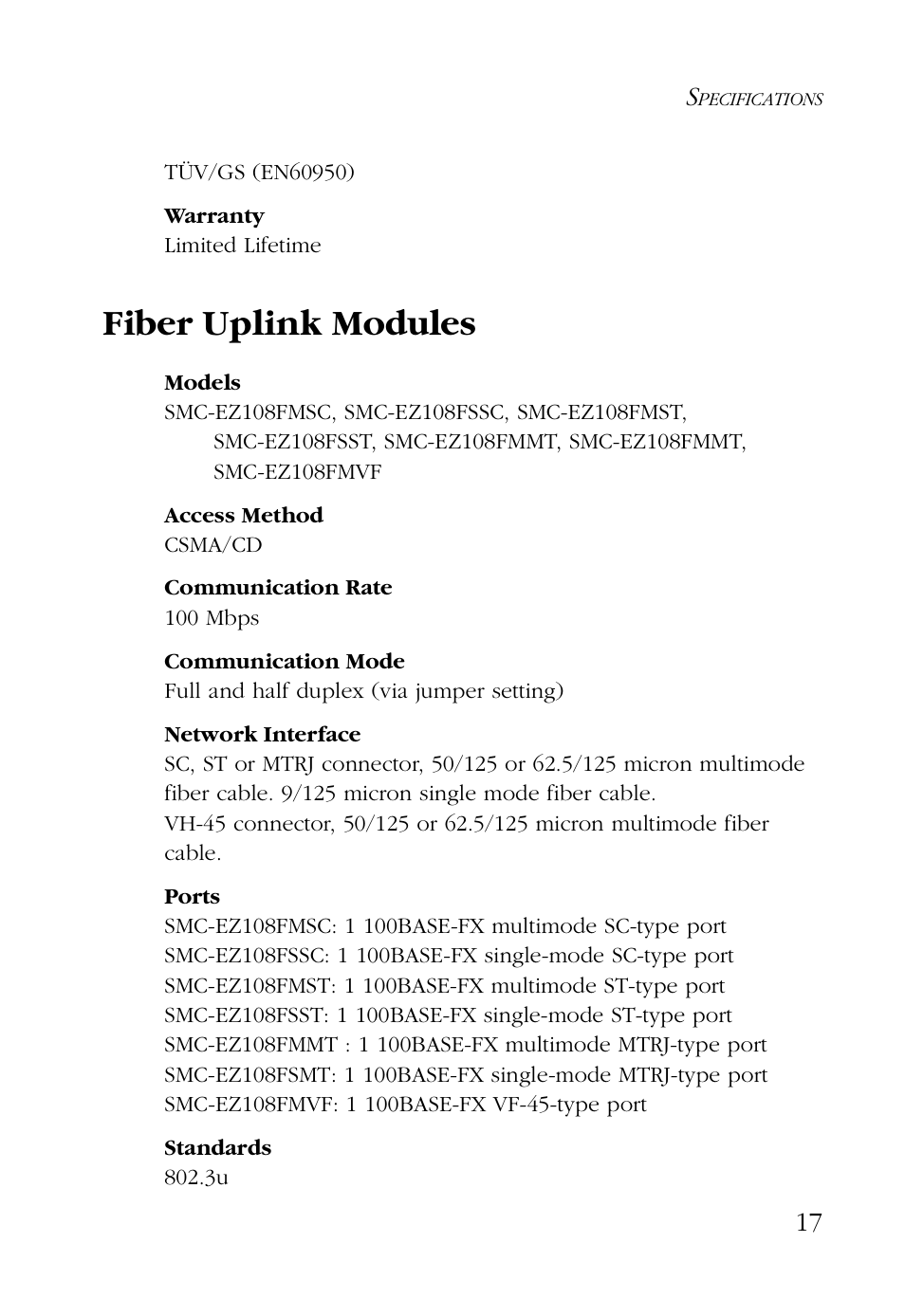 Warranty, Fiber uplink modules, Models | Access method, Communication rate, Communication mode, Network interface, Ports, Standards | SMC Networks 24/16 User Manual | Page 28 / 31