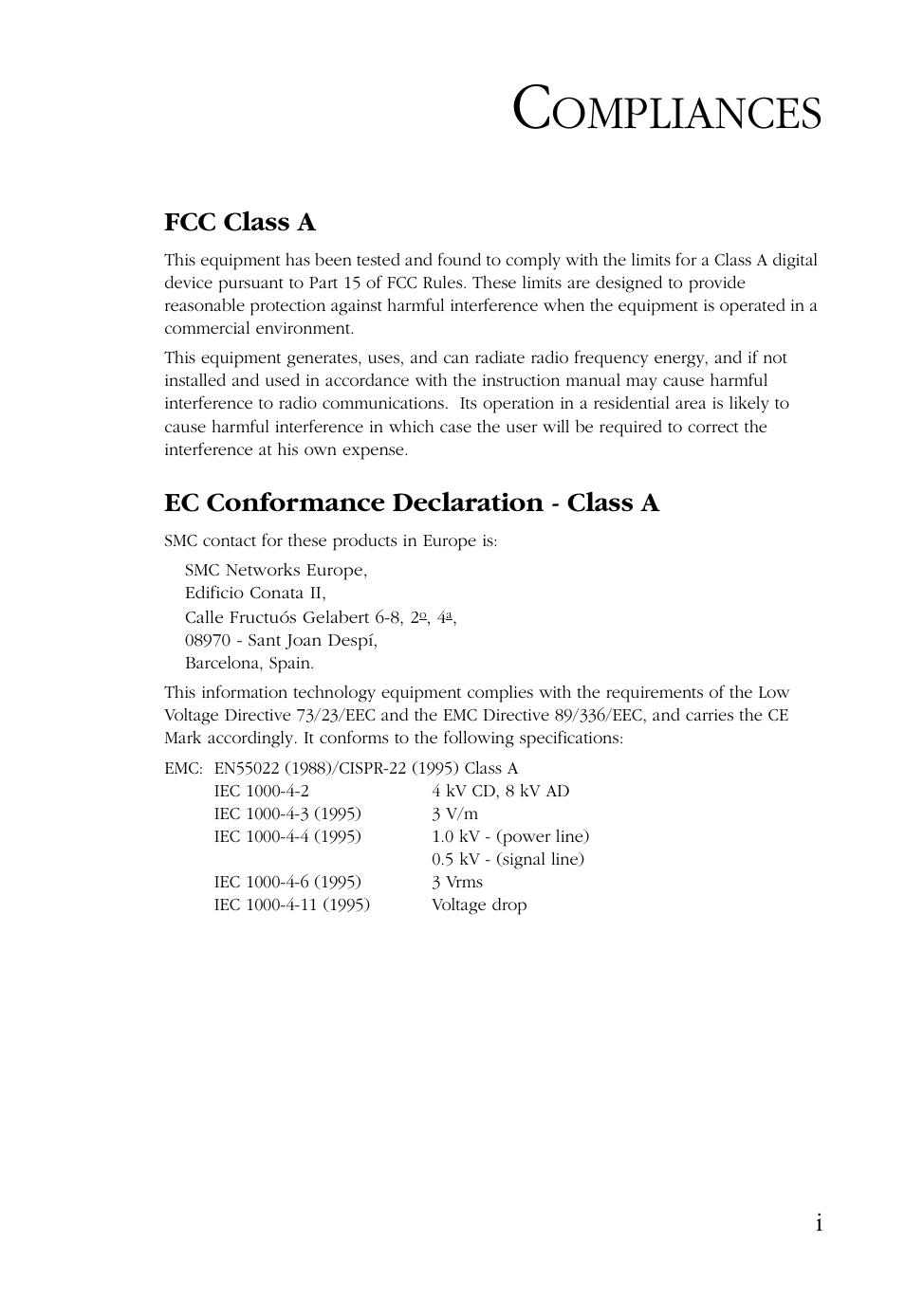 Compliances, Ompliances, Fcc class a | Ec conformance declaration - class a | SMC Networks 24/16 User Manual | Page 6 / 31