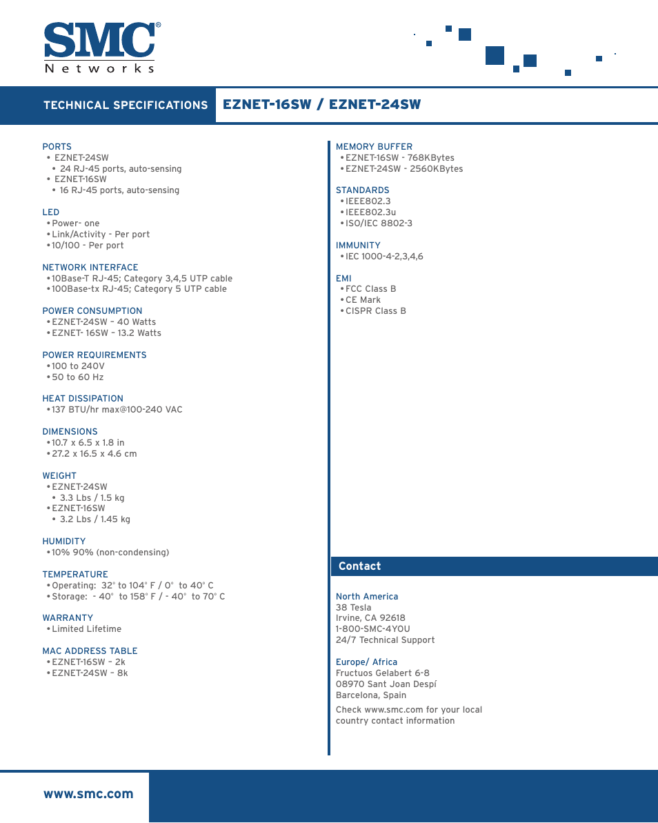 Eznet-16sw / eznet-24sw, Technical specifications, Contact | SMC Networks EZ Net 16SW EZNET-16SW User Manual | Page 2 / 2