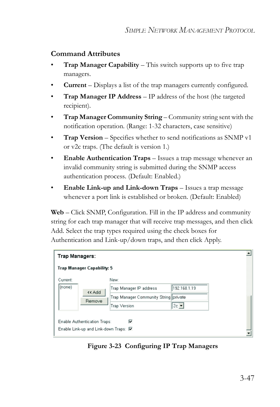 Figure 3-23 configuring ip trap managers -47 | SMC Networks SMC TigerStack IV SMC6224M User Manual | Page 101 / 522