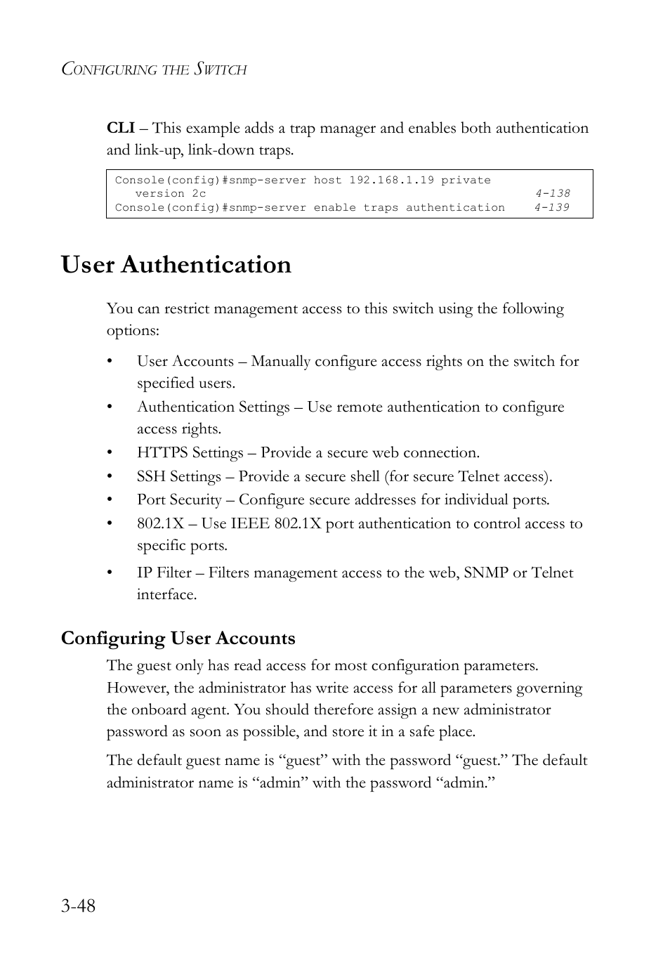 User authentication, Configuring user accounts, User authentication -48 | Configuring user accounts -48 | SMC Networks SMC TigerStack IV SMC6224M User Manual | Page 102 / 522