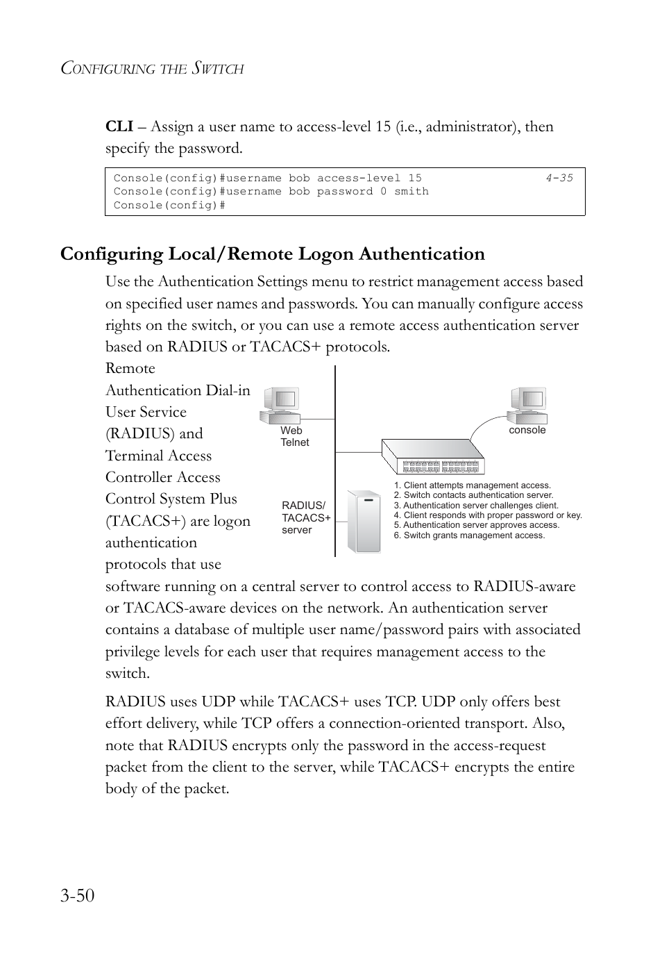 Configuring local/remote logon authentication, Configuring local/remote logon authentication -50 | SMC Networks SMC TigerStack IV SMC6224M User Manual | Page 104 / 522
