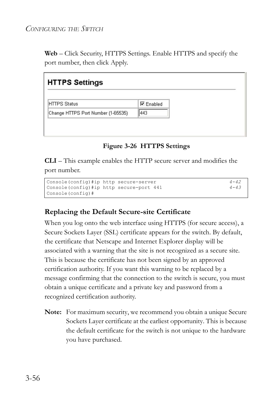 Replacing the default secure-site certificate, Replacing the default secure-site certificate -56, Figure 3-26 https settings -56 | SMC Networks SMC TigerStack IV SMC6224M User Manual | Page 110 / 522