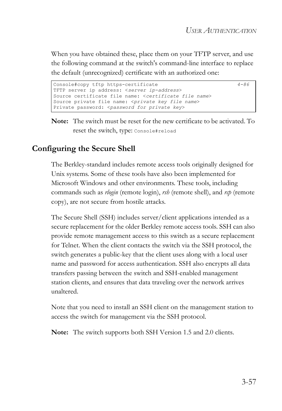 Configuring the secure shell, Configuring the secure shell -57, Ssh 3-57 | SMC Networks SMC TigerStack IV SMC6224M User Manual | Page 111 / 522
