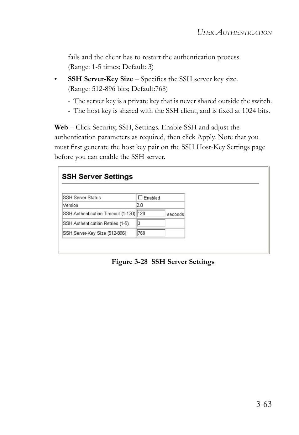 Figure 3-28 ssh server settings -63 | SMC Networks SMC TigerStack IV SMC6224M User Manual | Page 117 / 522