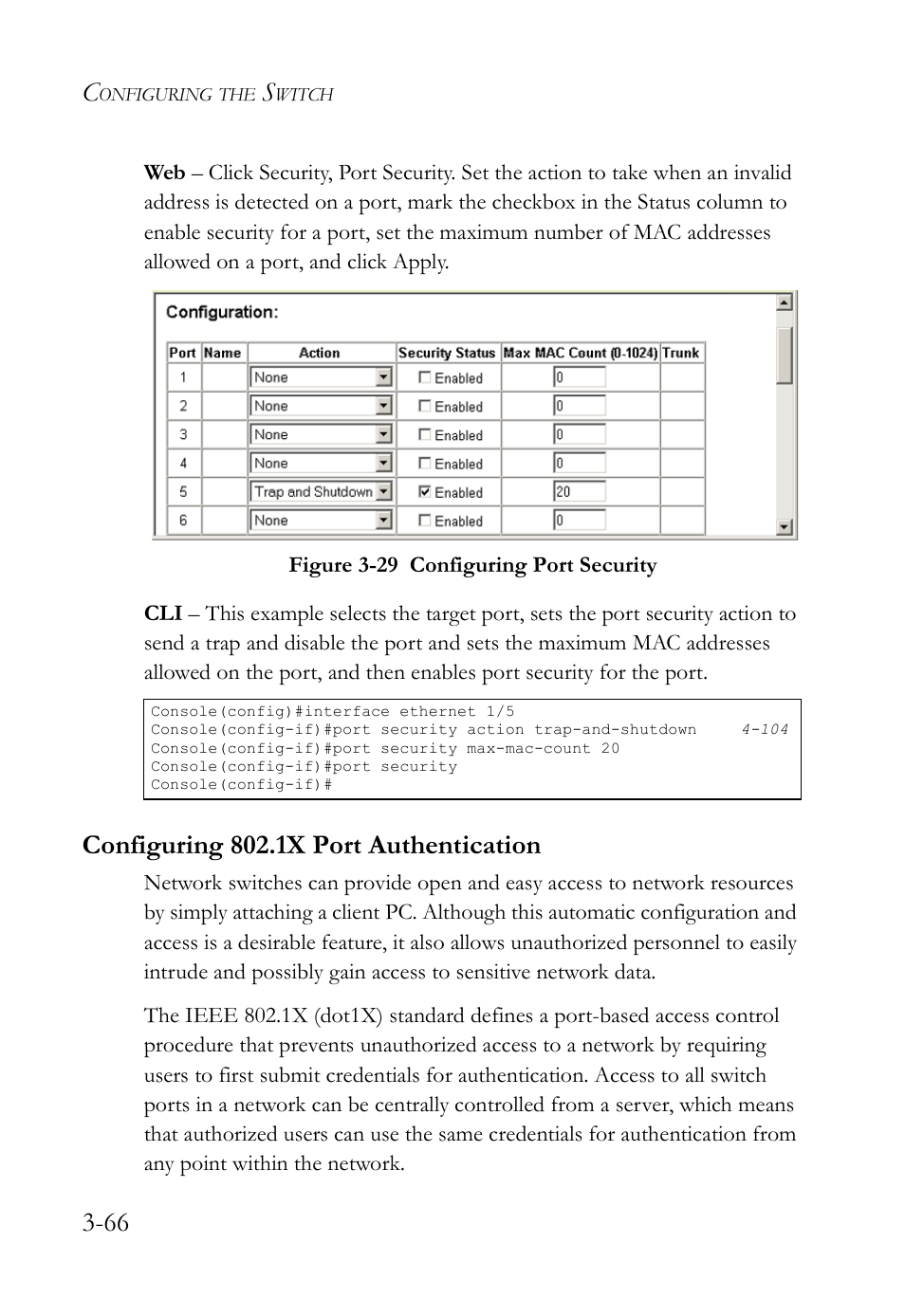 Configuring 802.1x port authentication, Configuring 802.1x port authentication -66, Figure 3-29 configuring port security -66 | SMC Networks SMC TigerStack IV SMC6224M User Manual | Page 120 / 522