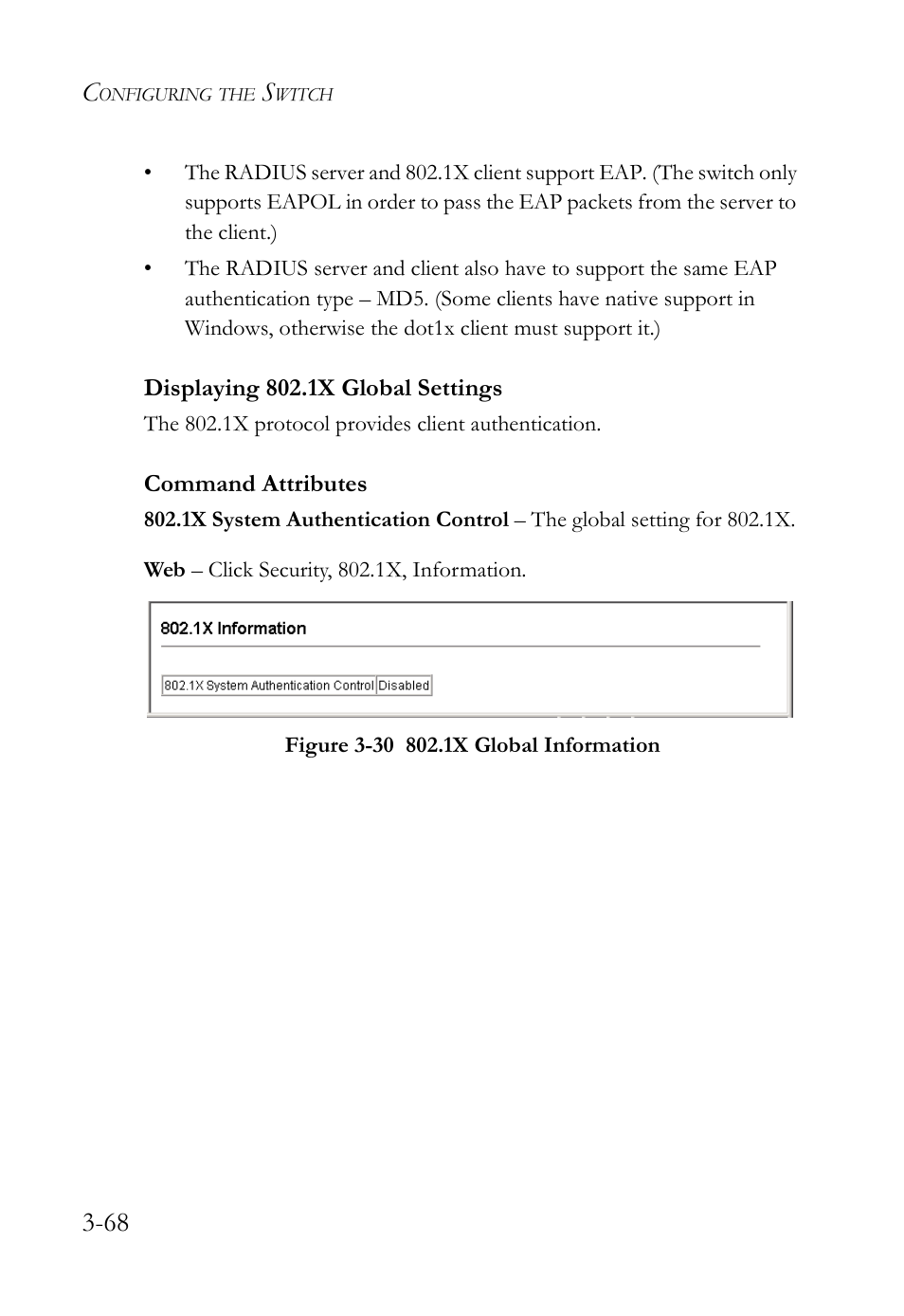 Displaying 802.1x global settings, Displaying 802.1x global settings -68, Figure 3-30 802.1x global information -68 | SMC Networks SMC TigerStack IV SMC6224M User Manual | Page 122 / 522