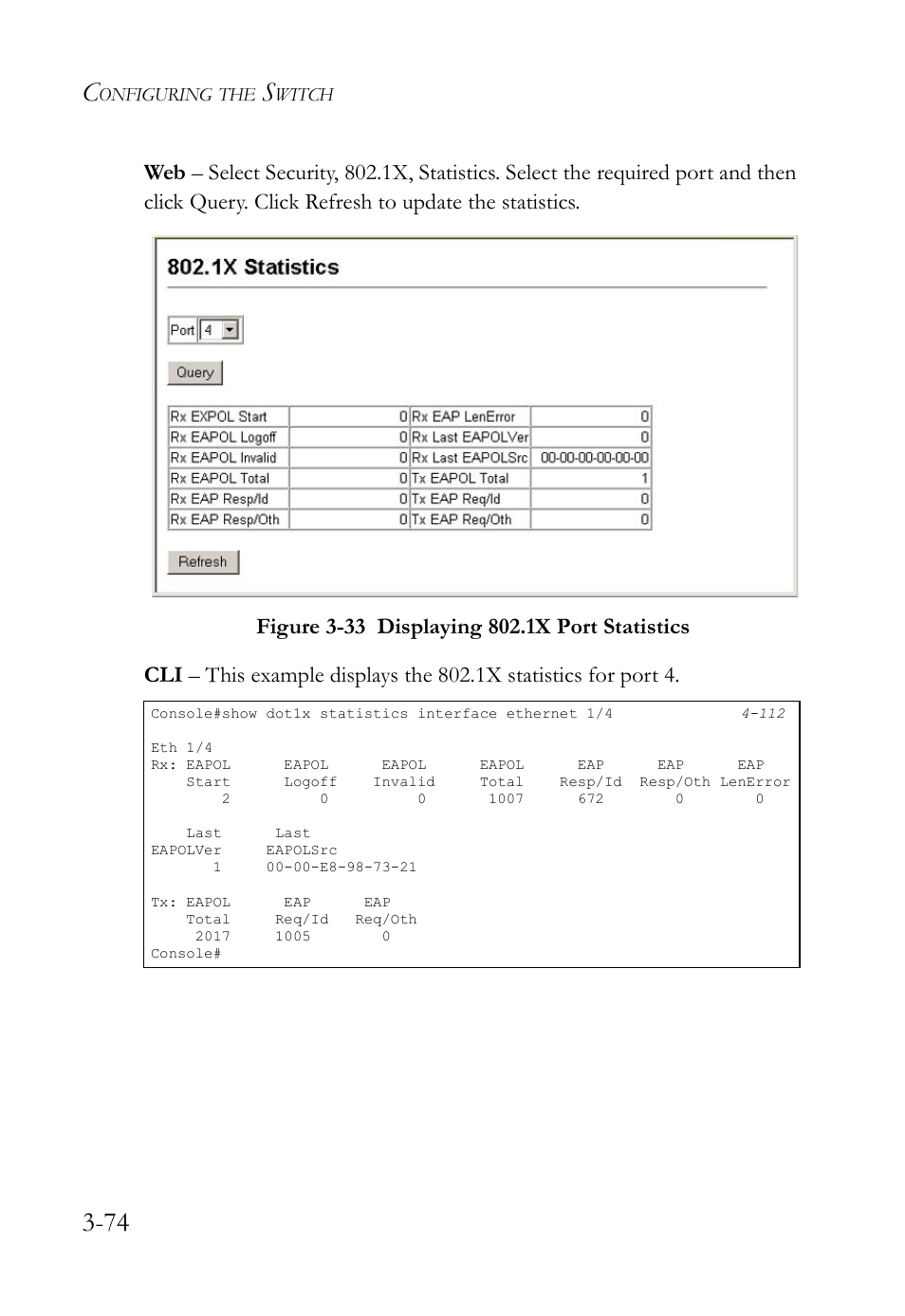 Figure 3-33 displaying 802.1x port statistics -74 | SMC Networks SMC TigerStack IV SMC6224M User Manual | Page 128 / 522