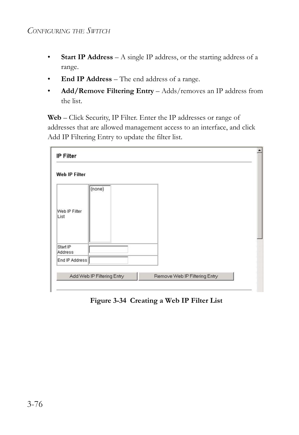 Figure 3-34 creating a web ip filter list -76 | SMC Networks SMC TigerStack IV SMC6224M User Manual | Page 130 / 522