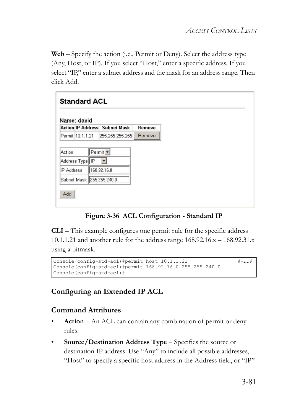 Configuring an extended ip acl, Configuring an extended ip acl -81, Figure 3-36 acl configuration - standard ip -81 | SMC Networks SMC TigerStack IV SMC6224M User Manual | Page 135 / 522