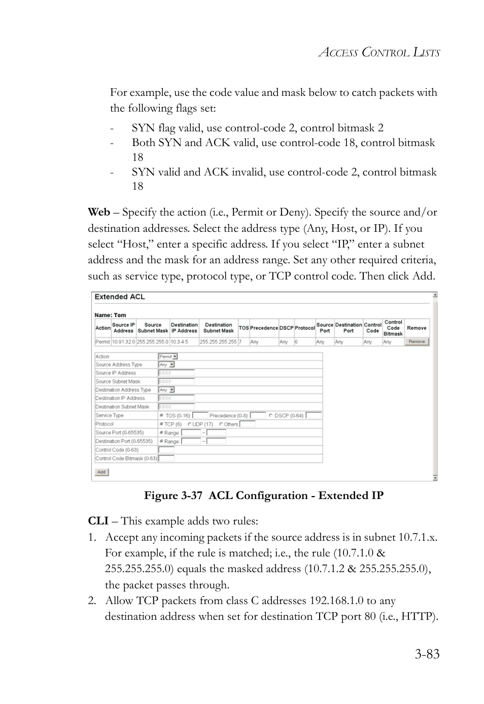 Figure 3-37 acl configuration - extended ip -83 | SMC Networks SMC TigerStack IV SMC6224M User Manual | Page 137 / 522