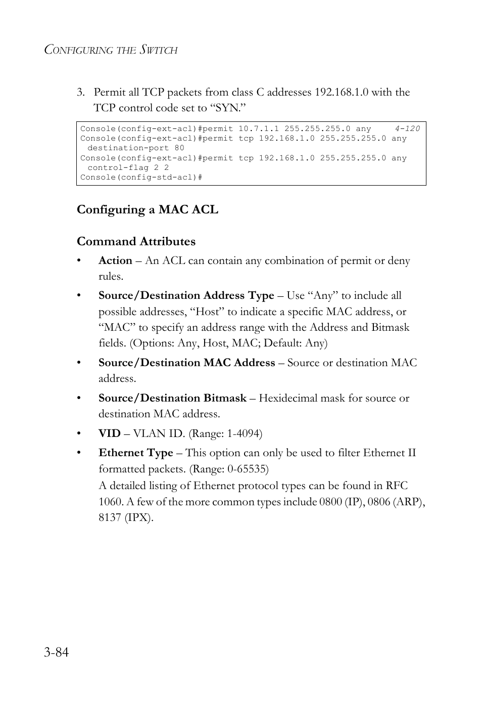 Configuring a mac acl, Configuring a mac acl -84, Configuring a mac acl command attributes | SMC Networks SMC TigerStack IV SMC6224M User Manual | Page 138 / 522