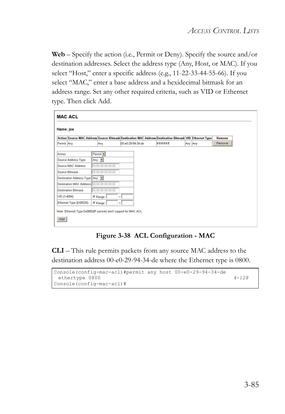 Figure 3-38 acl configuration - mac -85 | SMC Networks SMC TigerStack IV SMC6224M User Manual | Page 139 / 522