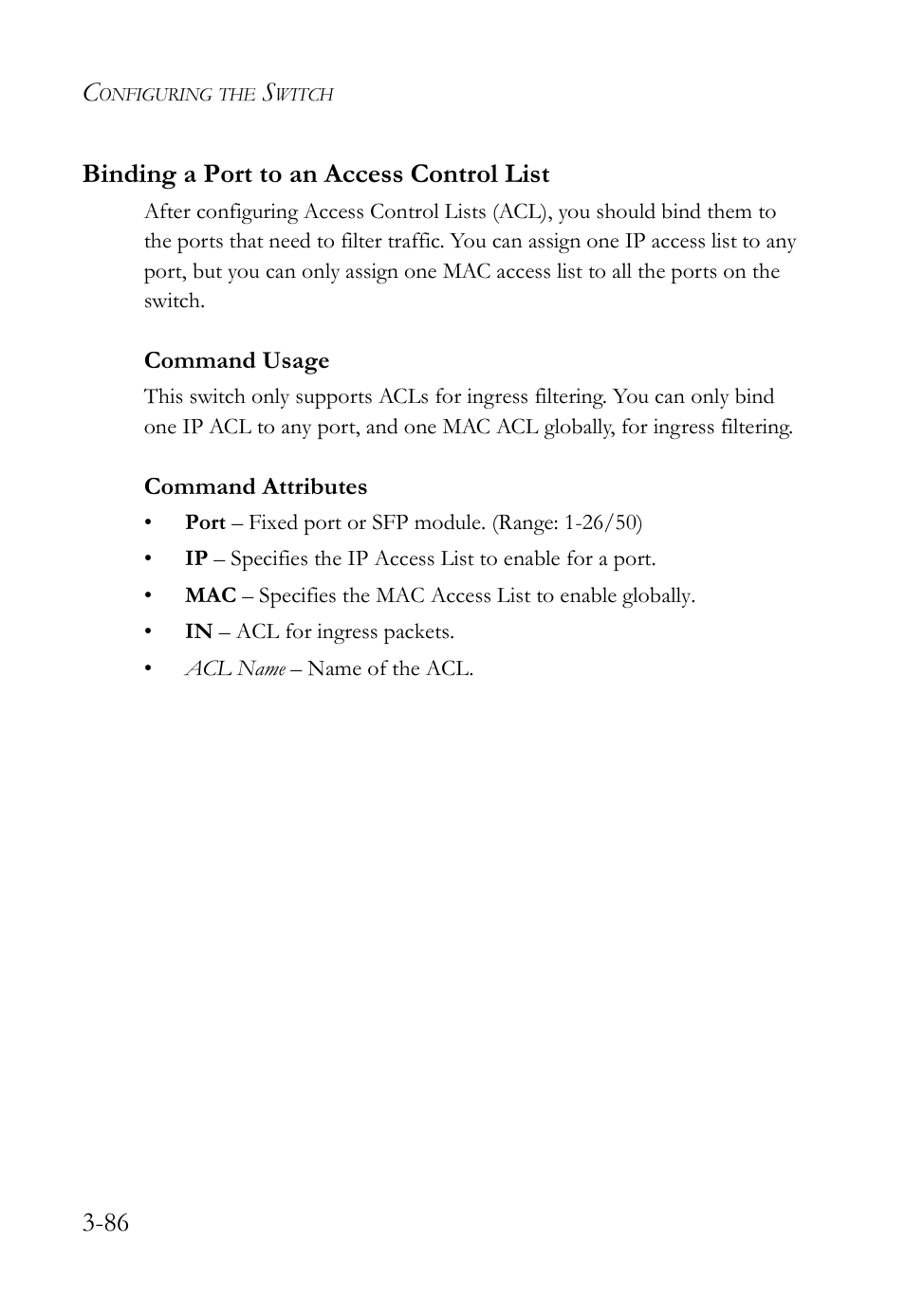 Binding a port to an access control list, Binding a port to an access control list -86, 86 binding a port to an access control list | SMC Networks SMC TigerStack IV SMC6224M User Manual | Page 140 / 522