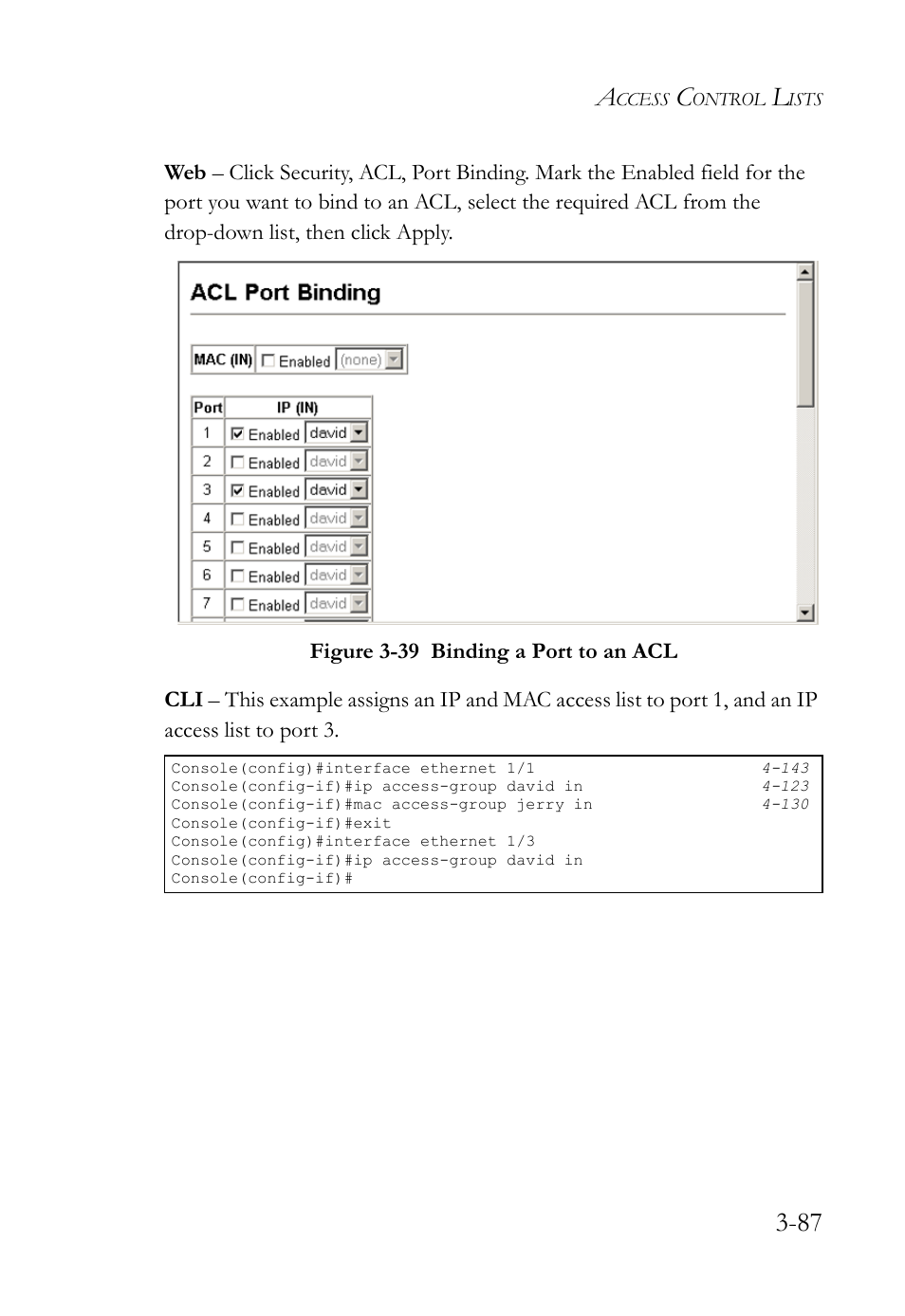 Figure 3-39 binding a port to an acl -87 | SMC Networks SMC TigerStack IV SMC6224M User Manual | Page 141 / 522