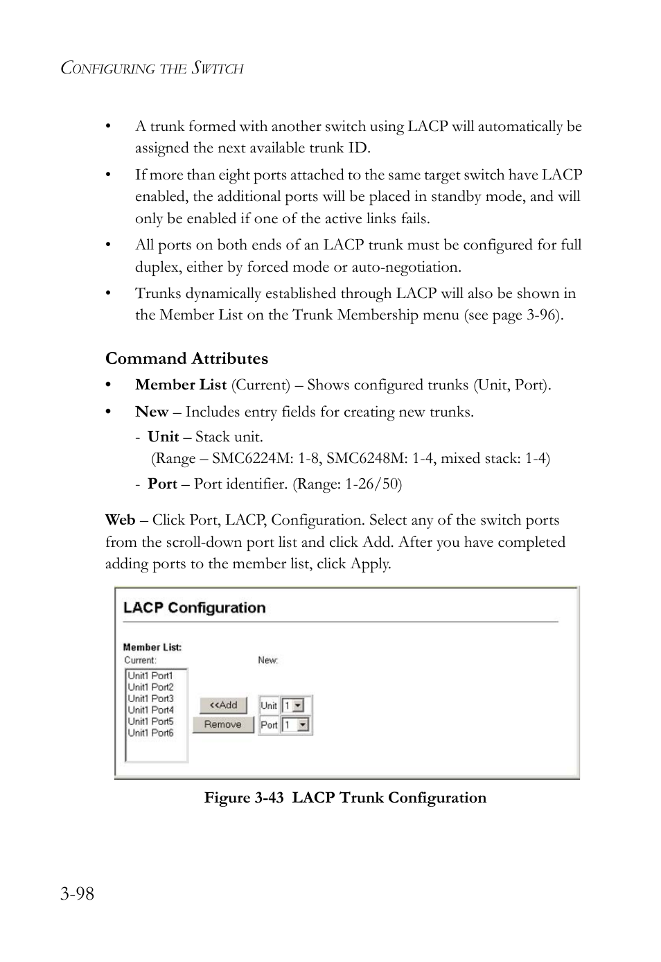 Figure 3-43 lacp trunk configuration -98 | SMC Networks SMC TigerStack IV SMC6224M User Manual | Page 152 / 522