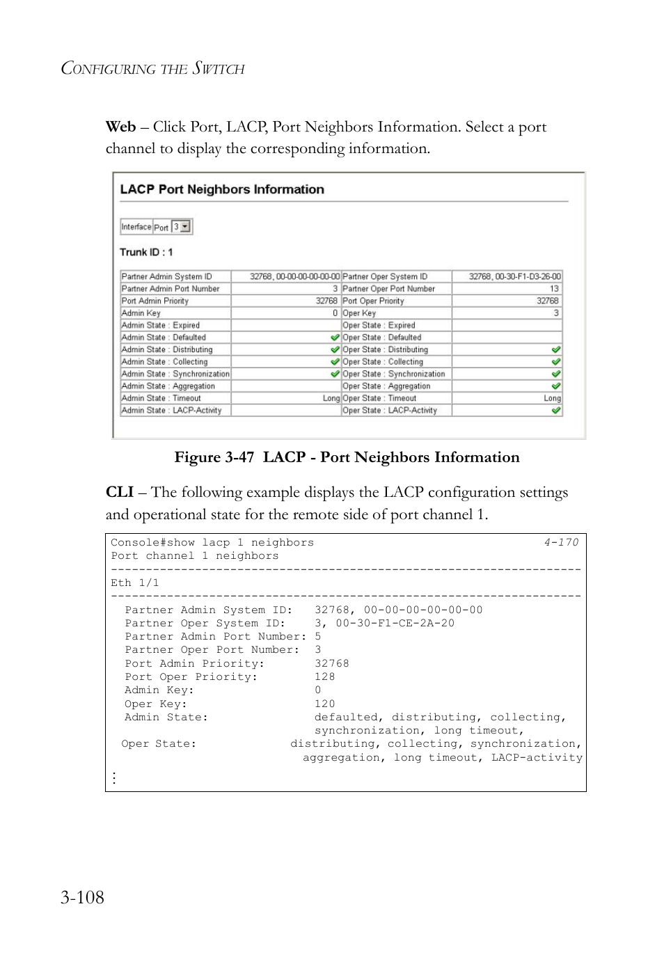 Figure 3-47 lacp - port neighbors information -108 | SMC Networks SMC TigerStack IV SMC6224M User Manual | Page 162 / 522