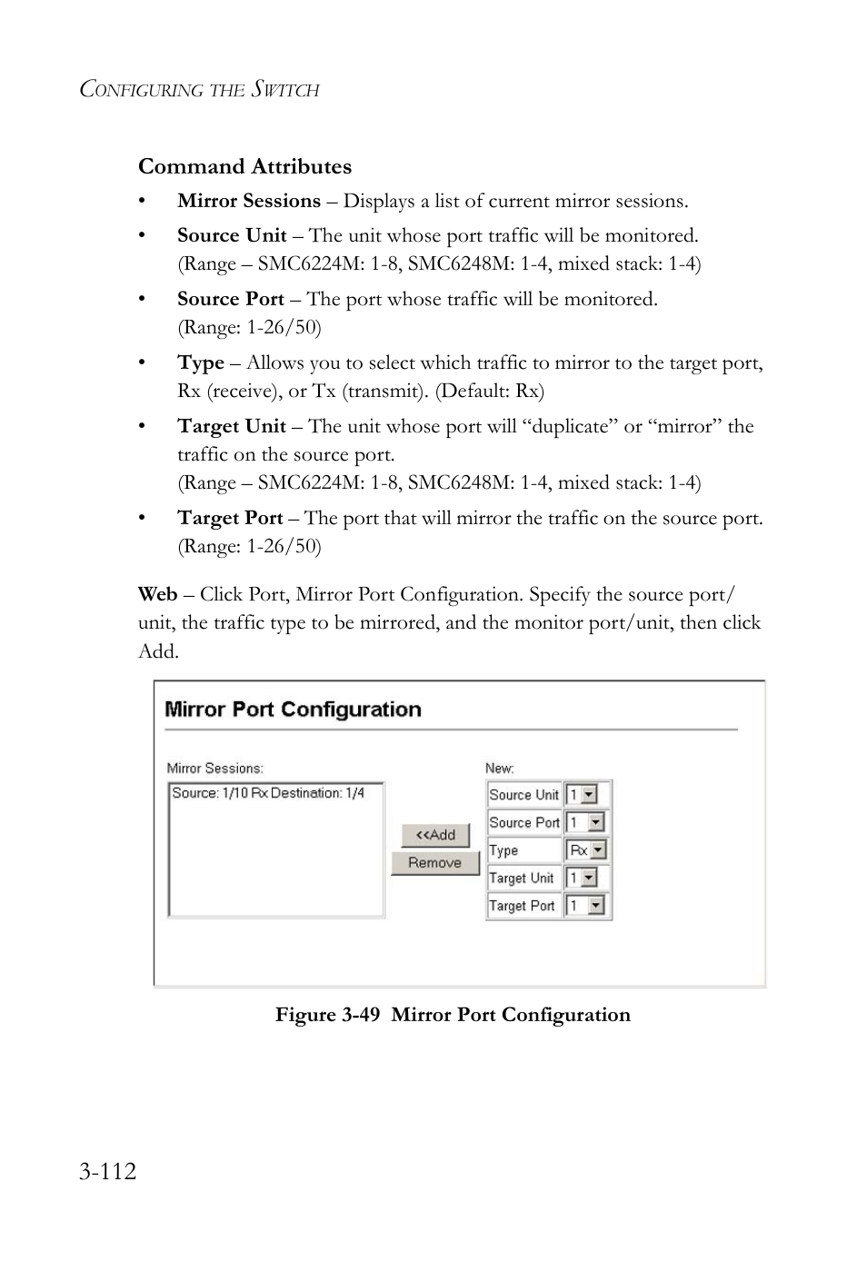 Figure 3-49 mirror port configuration -112 | SMC Networks SMC TigerStack IV SMC6224M User Manual | Page 166 / 522