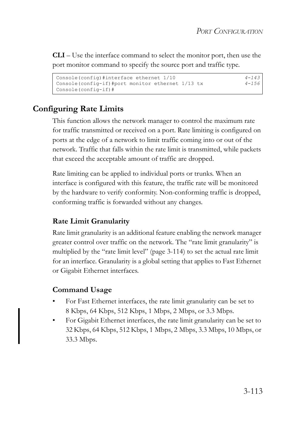 Configuring rate limits, Rate limit granularity, Configuring rate limits -113 | Rate limit granularity -113, Command usage | SMC Networks SMC TigerStack IV SMC6224M User Manual | Page 167 / 522