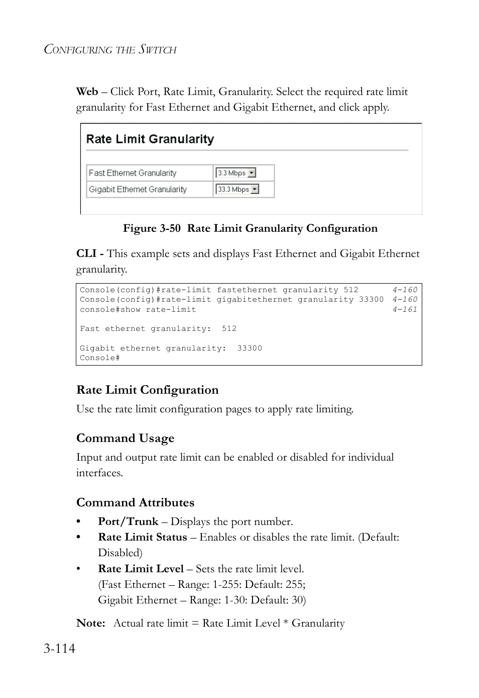 Rate limit configuration, Rate limit configuration -114, Command usage | Command attributes | SMC Networks SMC TigerStack IV SMC6224M User Manual | Page 168 / 522