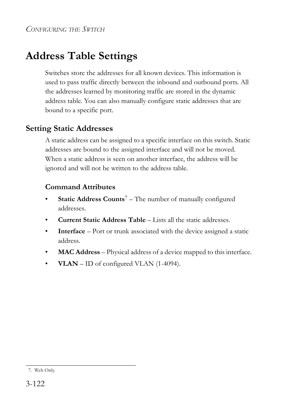 Address table settings, Setting static addresses, Address table settings -122 | Setting static addresses -122 | SMC Networks SMC TigerStack IV SMC6224M User Manual | Page 176 / 522