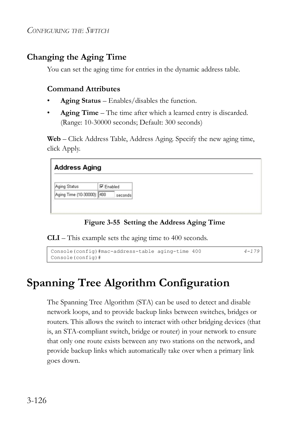 Changing the aging time, Spanning tree algorithm configuration, Changing the aging time -126 | Spanning tree algorithm configuration -126, Figure 3-55 setting the address aging time -126, 126 changing the aging time | SMC Networks SMC TigerStack IV SMC6224M User Manual | Page 180 / 522