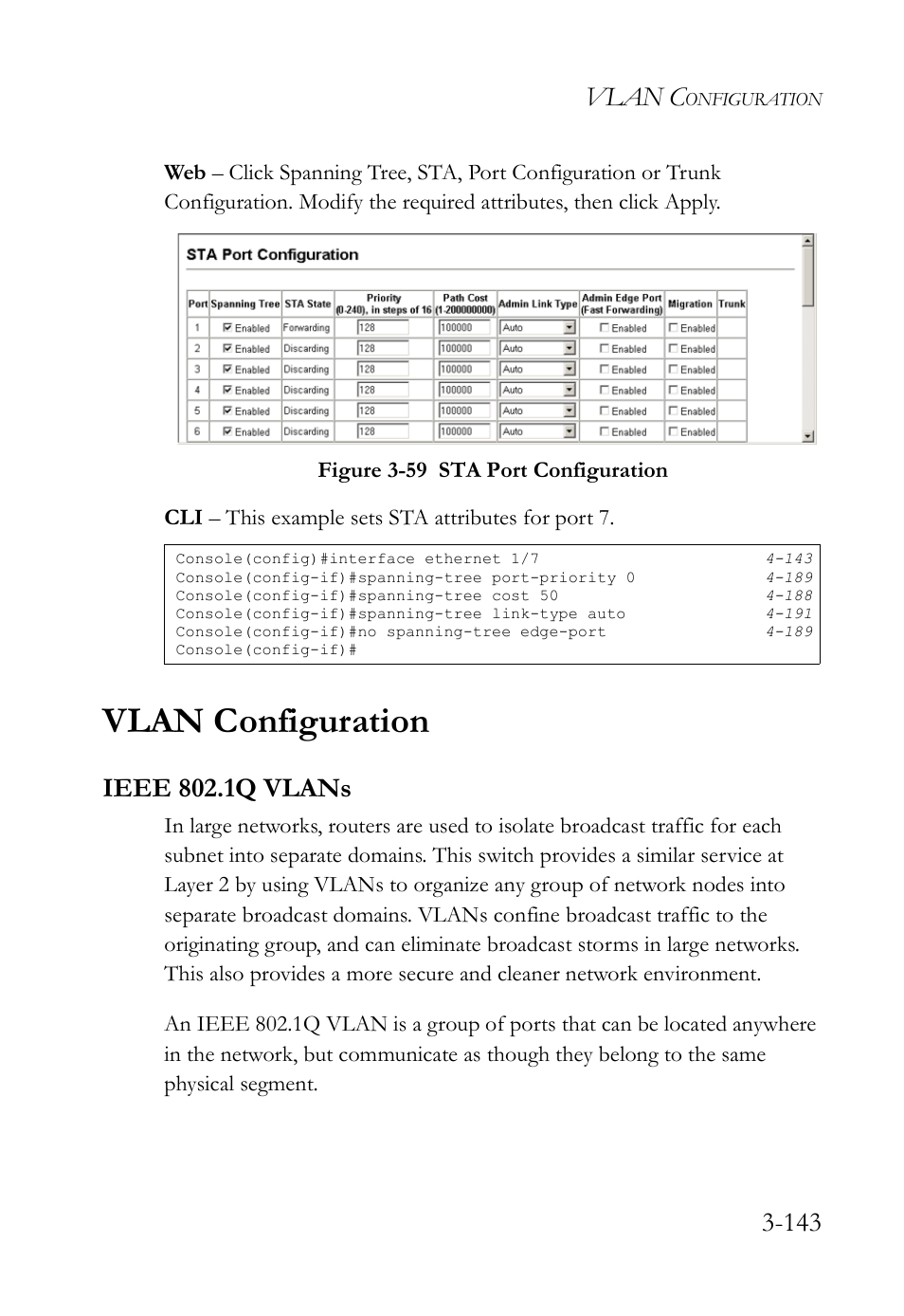 Vlan configuration, Ieee 802.1q vlans, Vlan configuration -143 | Ieee 802.1q vlans -143, Figure 3-59 sta port configuration -143, Vlan c | SMC Networks SMC TigerStack IV SMC6224M User Manual | Page 197 / 522