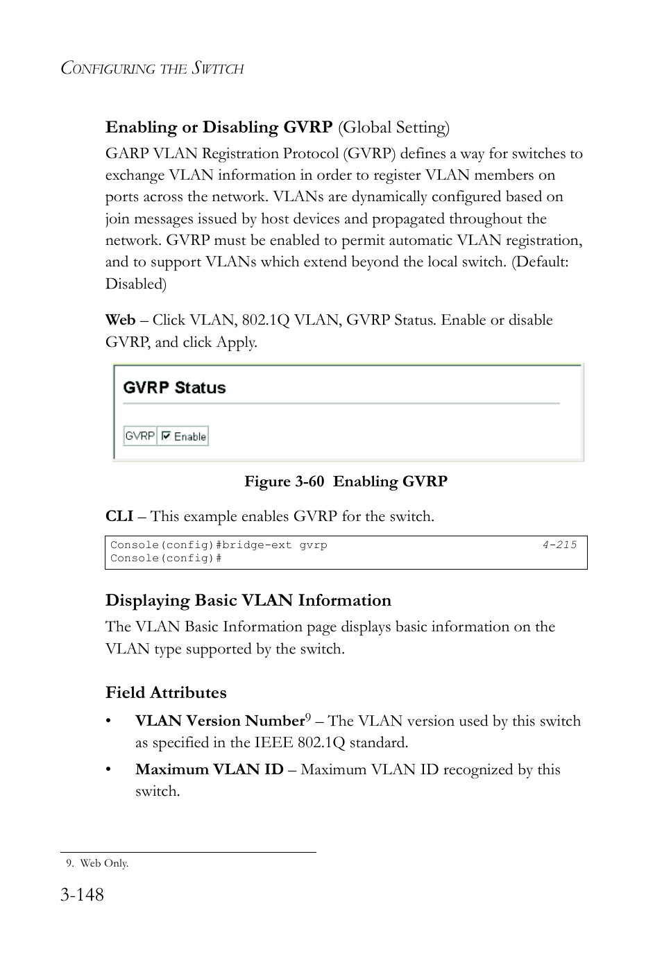 Enabling or disabling gvrp (global setting), Displaying basic vlan information, Enabling or disabling gvrp (global setting) -148 | Displaying basic vlan information -148, Figure 3-60 enabling gvrp -148, Field attributes | SMC Networks SMC TigerStack IV SMC6224M User Manual | Page 202 / 522