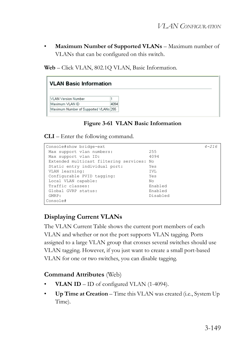 Displaying current vlans, Displaying current vlans -149, Figure 3-61 vlan basic information -149 | Vlan c | SMC Networks SMC TigerStack IV SMC6224M User Manual | Page 203 / 522