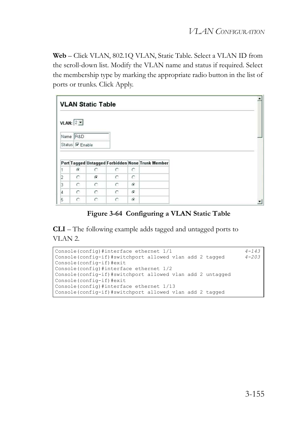 Figure 3-64 configuring a vlan static table -155, Vlan c | SMC Networks SMC TigerStack IV SMC6224M User Manual | Page 209 / 522