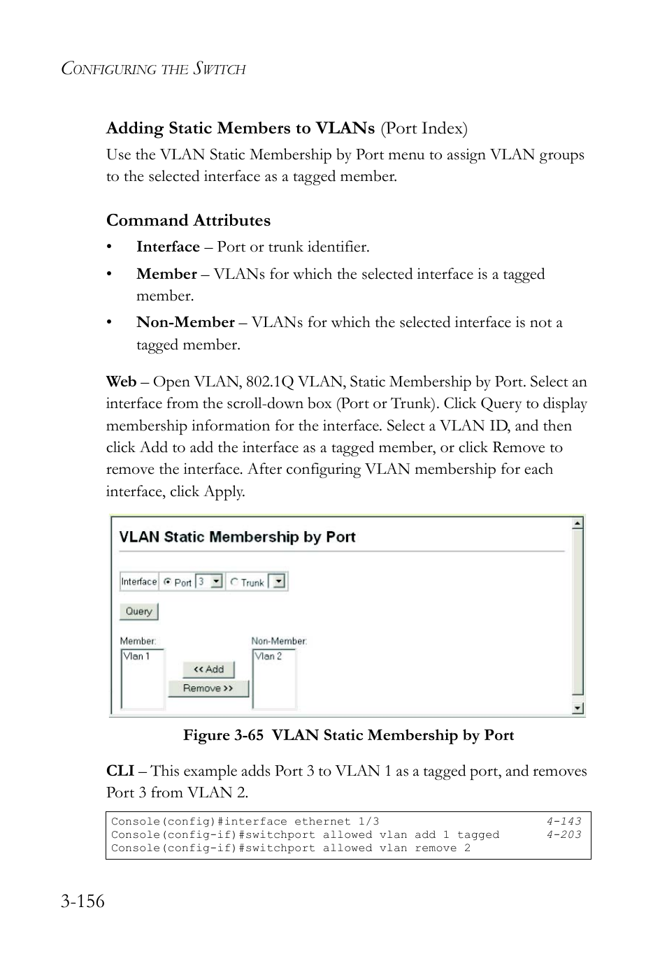 Adding static members to vlans (port index), Adding static members to vlans (port index) -156, Figure 3-65 vlan static membership by port -156 | Command attributes | SMC Networks SMC TigerStack IV SMC6224M User Manual | Page 210 / 522