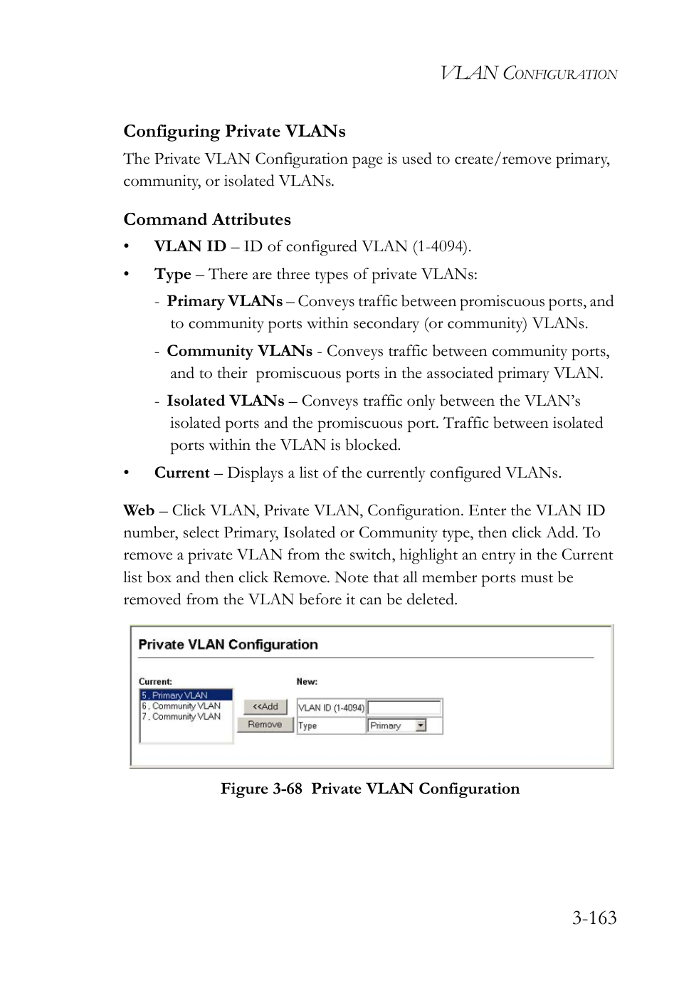 Configuring private vlans, Configuring private vlans -163, Figure 3-68 private vlan configuration -163 | Vlan c | SMC Networks SMC TigerStack IV SMC6224M User Manual | Page 217 / 522