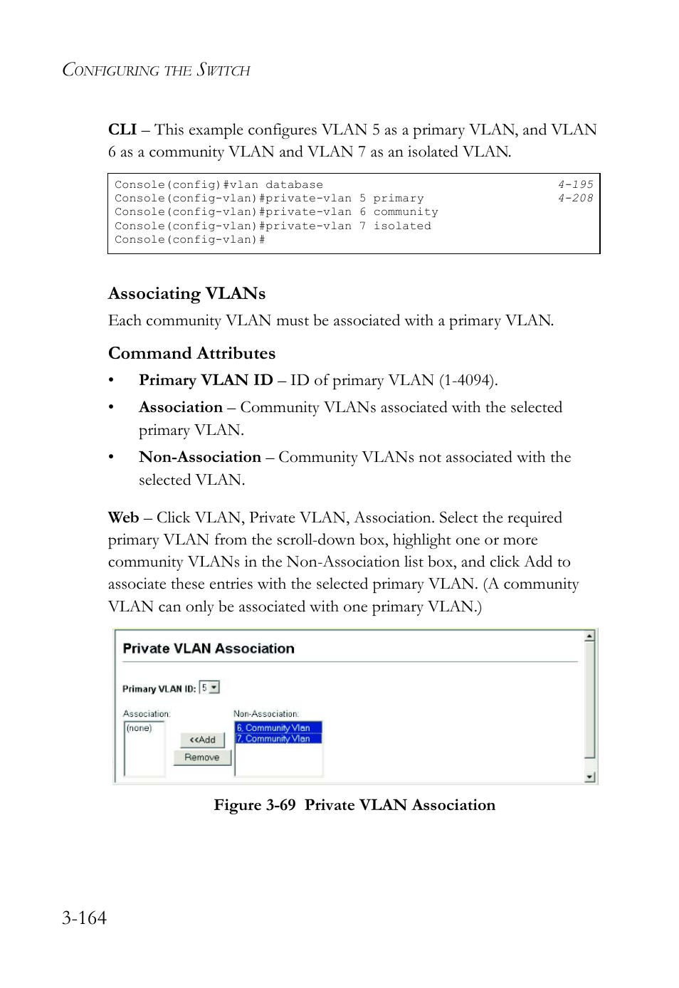 Associating vlans, Associating vlans -164, Figure 3-69 private vlan association -164 | Command attributes | SMC Networks SMC TigerStack IV SMC6224M User Manual | Page 218 / 522
