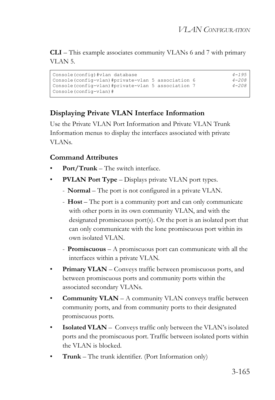 Displaying private vlan interface information, Displaying private vlan interface information -165, Vlan c | Command attributes | SMC Networks SMC TigerStack IV SMC6224M User Manual | Page 219 / 522