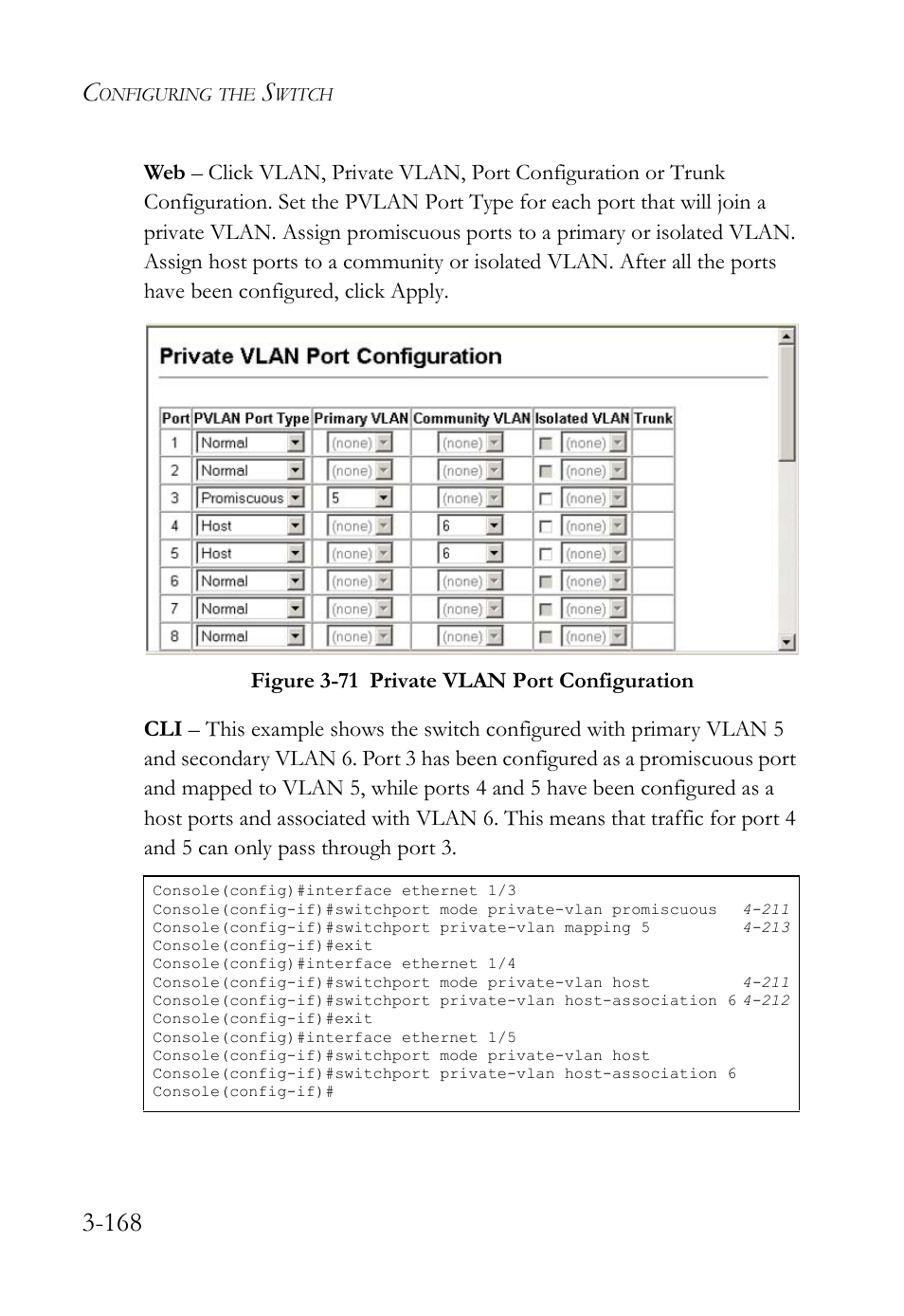 Figure 3-71 private vlan port configuration -168 | SMC Networks SMC TigerStack IV SMC6224M User Manual | Page 222 / 522