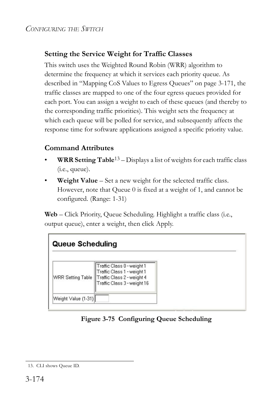 Setting the service weight for traffic classes, Figure 3-75 configuring queue scheduling -174 | SMC Networks SMC TigerStack IV SMC6224M User Manual | Page 228 / 522