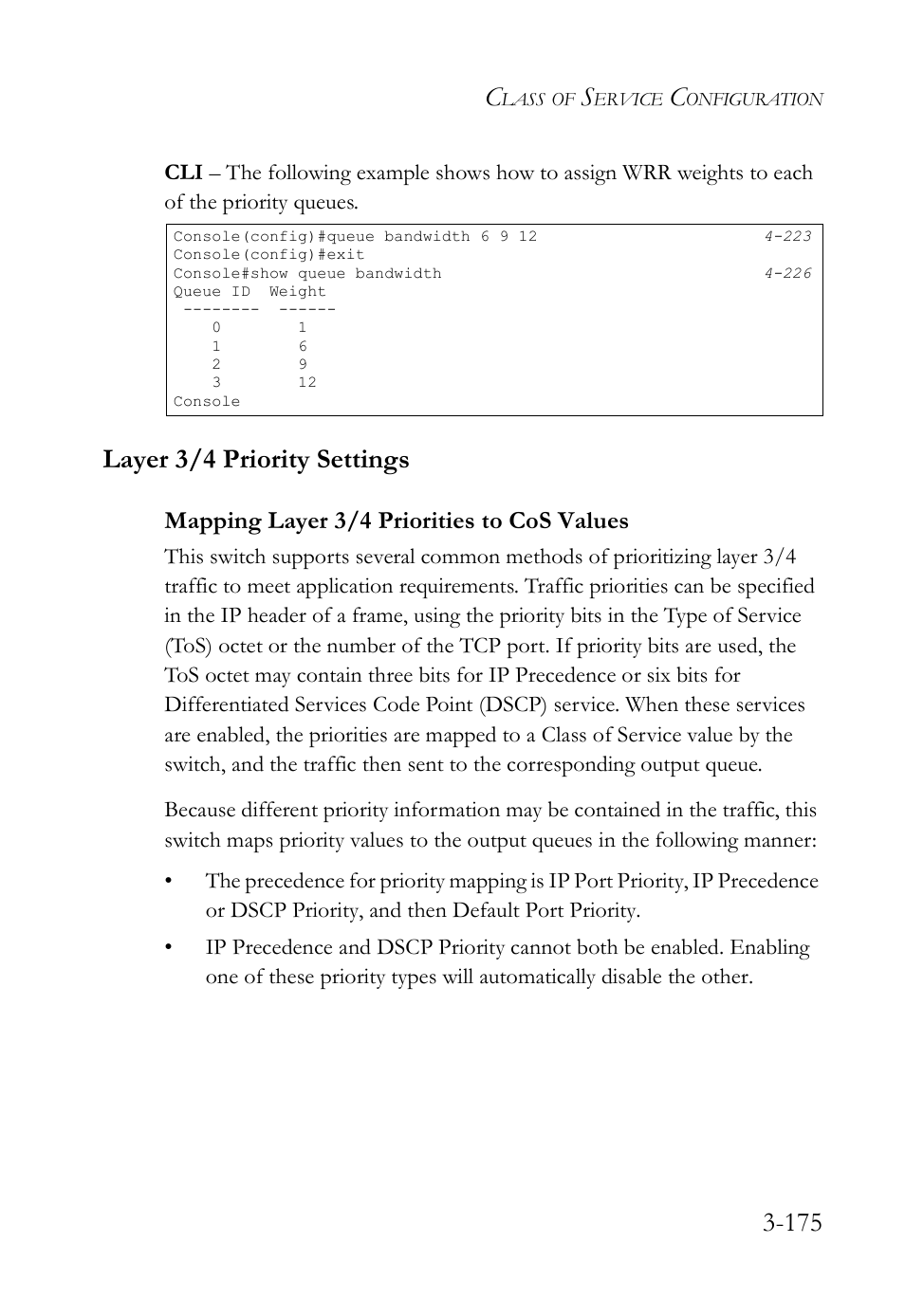 Layer 3/4 priority settings, Mapping layer 3/4 priorities to cos values, Layer 3/4 priority settings -175 | Mapping layer 3/4 priorities to cos values -175 | SMC Networks SMC TigerStack IV SMC6224M User Manual | Page 229 / 522