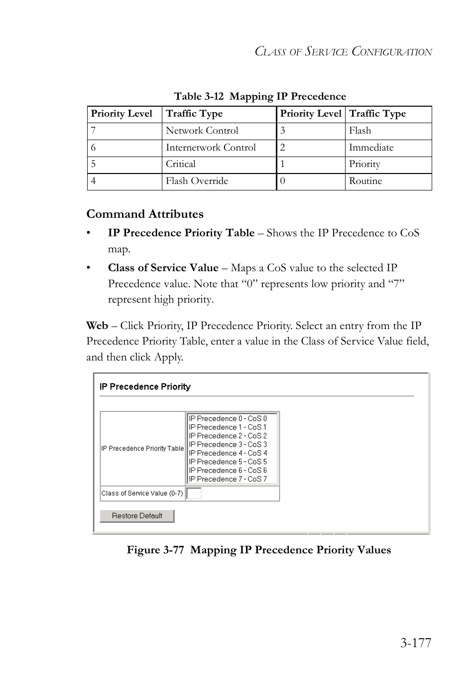 Table 3-12 mapping ip precedence -177, Command attributes | SMC Networks SMC TigerStack IV SMC6224M User Manual | Page 231 / 522