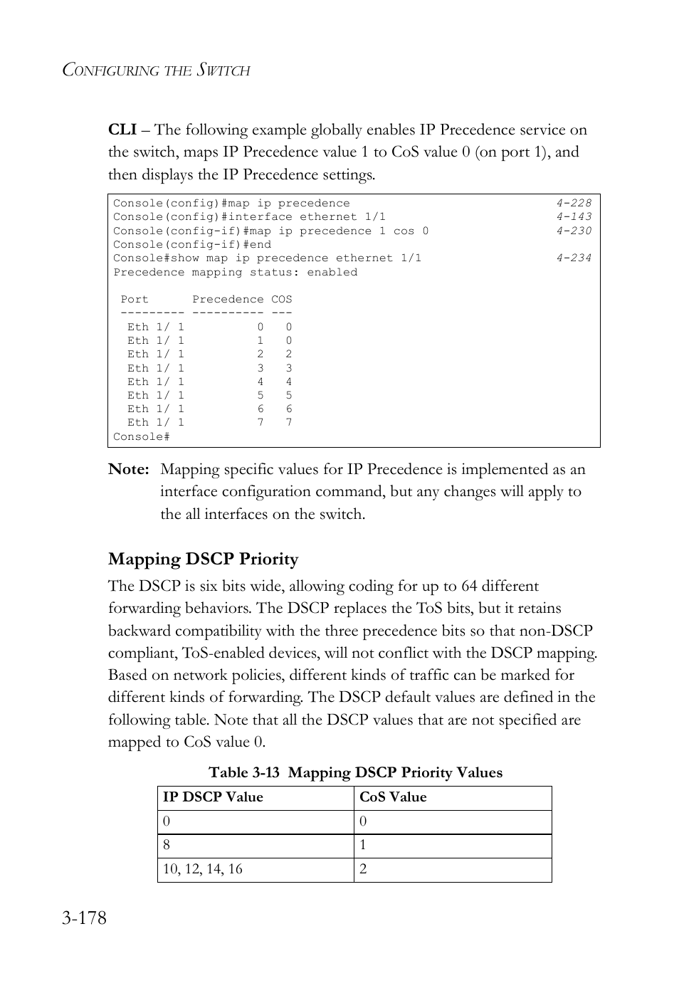 Mapping dscp priority, Mapping dscp priority -178, Table 3-13 mapping dscp priority values -178 | SMC Networks SMC TigerStack IV SMC6224M User Manual | Page 232 / 522